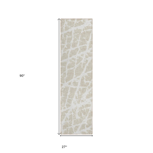 8' Runner Beige and Ivory Abstract Washable Non Skid Indoor Outdoor Runner Rug
