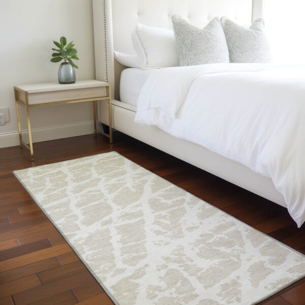 8' Runner Beige and Ivory Abstract Washable Non Skid Indoor Outdoor Runner Rug