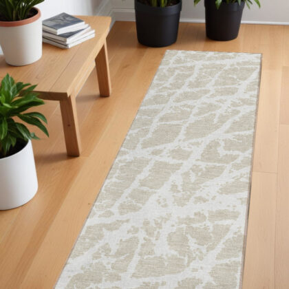 8' Runner Beige and Ivory Abstract Washable Non Skid Indoor Outdoor Runner Rug