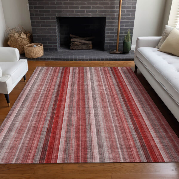 8' X 10' Gray Pink and Red Striped Washable Non Skid Indoor Outdoor Area Rug