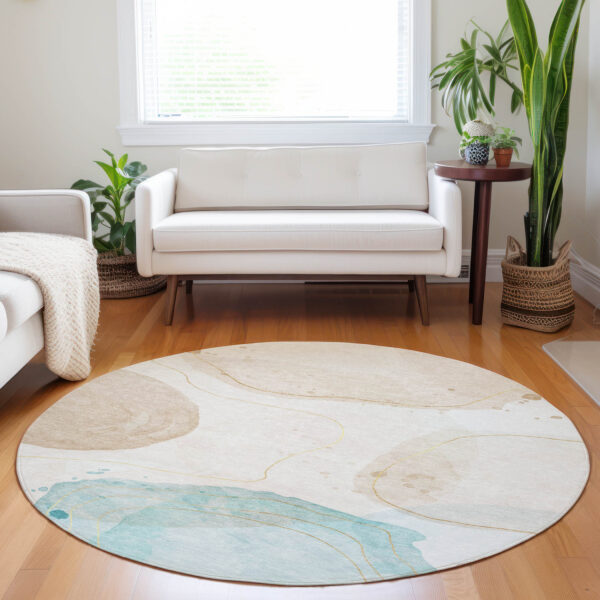 8' Round Beige and Blue Round Abstract Washable Non Skid Indoor Outdoor Area Rug