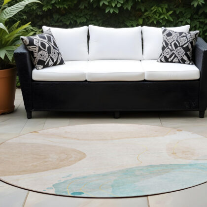 8' Round Beige and Blue Round Abstract Washable Non Skid Indoor Outdoor Area Rug