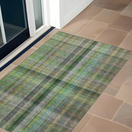 3' X 5' Green Plaid Washable Non Skid Indoor Outdoor Area Rug