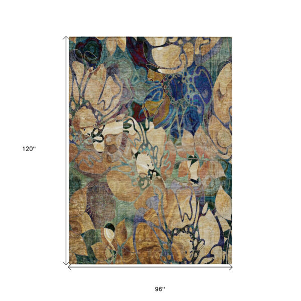 8' X 10' Beige and Blue Abstract Washable Indoor Outdoor Area Rug