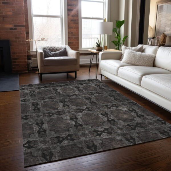 8' X 10' Gray and Black Floral Medallion Washable Non Skid Indoor Outdoor Area Rug