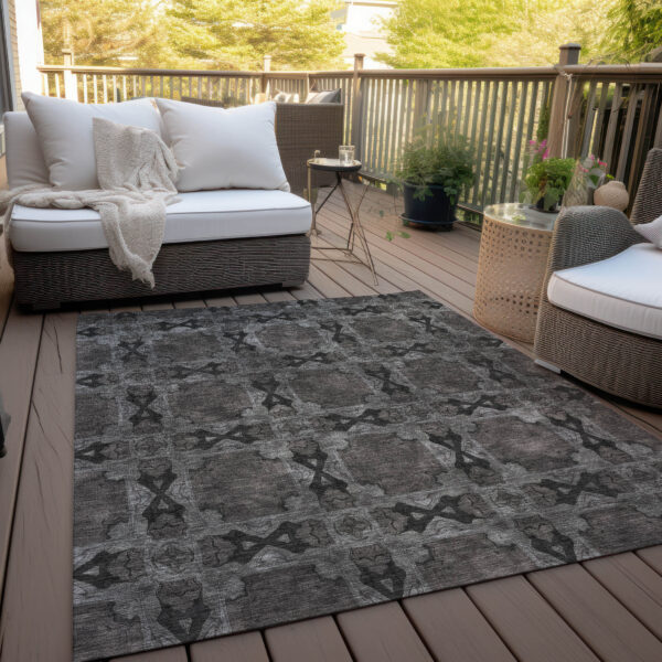 8' X 10' Gray and Black Floral Medallion Washable Non Skid Indoor Outdoor Area Rug