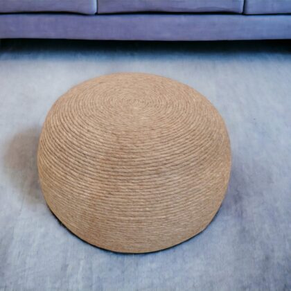 20" Beige Wool Round Ribbed Pouf Ottoman