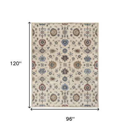 8' X 10' Ivory Blue And Tan Wool Floral Tufted Handmade Stain Resistant Area Rug