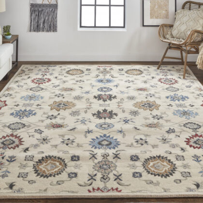 8' X 10' Ivory Blue And Tan Wool Floral Tufted Handmade Stain Resistant Area Rug