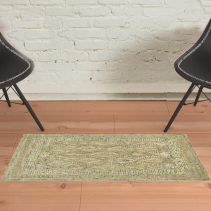 2' X 3' Tan Blue And Gray Wool Floral Tufted Handmade Stain Resistant Area Rug