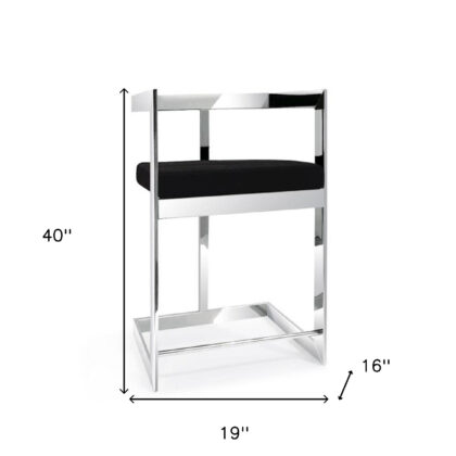 30" Black and Silver Velvet and Stainless Steel Low Back Bar Height Bar Chair