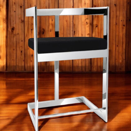 30" Black and Silver Velvet and Stainless Steel Low Back Bar Height Bar Chair