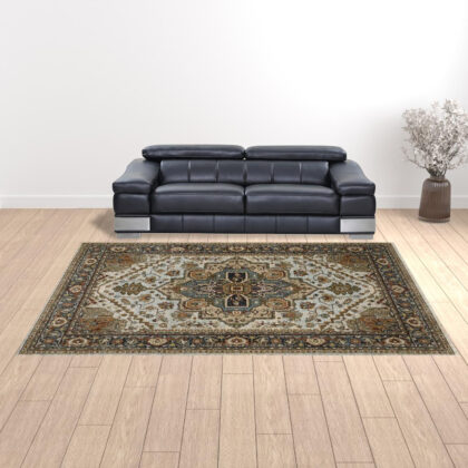 10' X 13' Ivory Beige Blue Orange Gold Green Grey And Rust Oriental Power Loom Stain Resistant Area Rug With Fringe