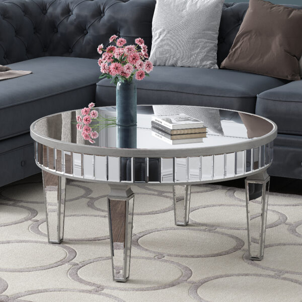 32" Silver Mirrored Glass Round Coffee Table