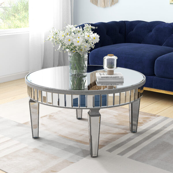 32" Silver Mirrored Glass Round Coffee Table