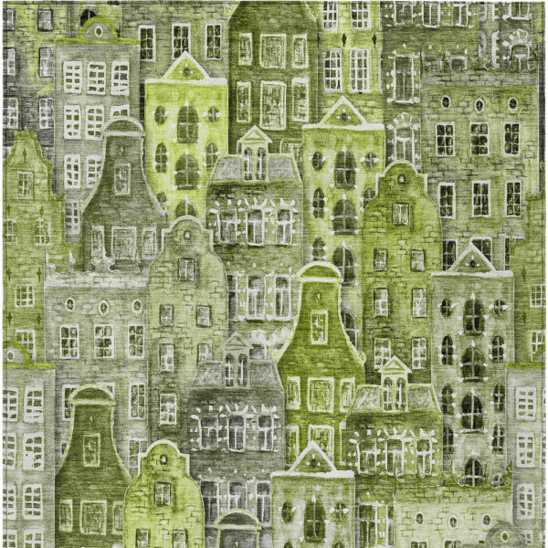 9' X 12' Green And Lime Green Village Houses Washable Indoor Outdoor Area Rug