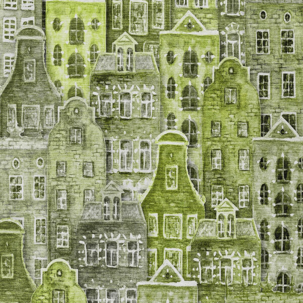 9' X 12' Green And Lime Green Village Houses Washable Indoor Outdoor Area Rug