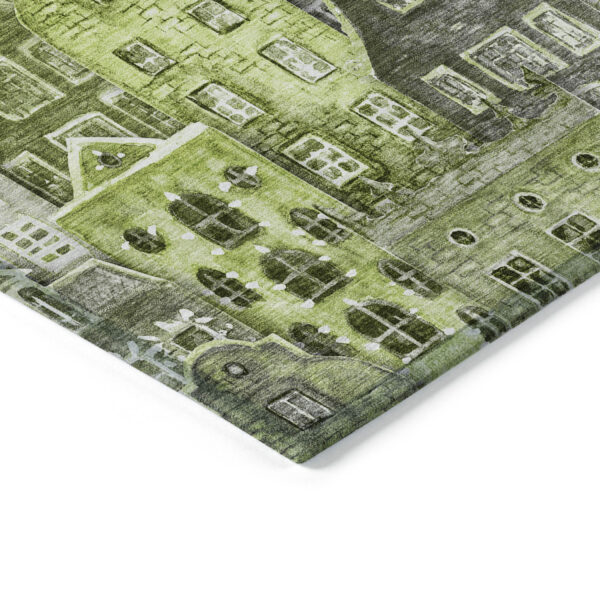 9' X 12' Green And Lime Green Village Houses Washable Indoor Outdoor Area Rug