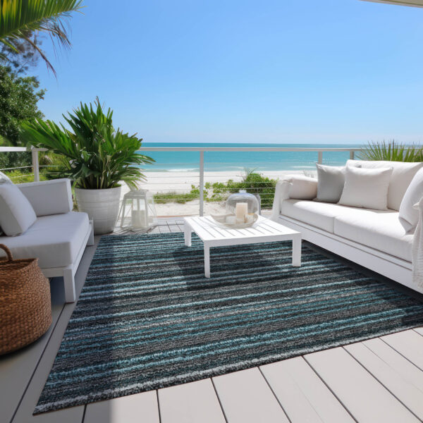 8' X 10' Teal Blue Sky Blue And Gray Striped Washable Indoor Outdoor Area Rug