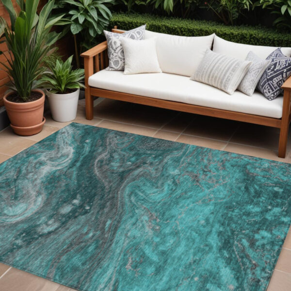 9' X 12' Teal Blue Aqua And Gray Abstract Washable Indoor Outdoor Area Rug