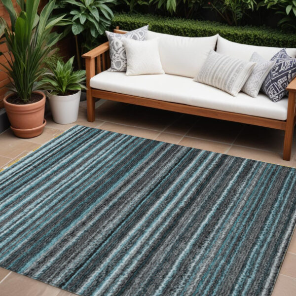 8' X 10' Teal Blue Sky Blue And Gray Striped Washable Indoor Outdoor Area Rug