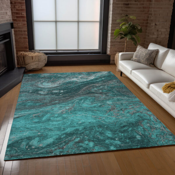 9' X 12' Teal Blue Aqua And Gray Abstract Washable Indoor Outdoor Area Rug