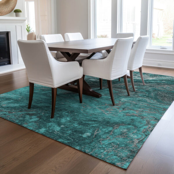 9' X 12' Teal Blue Aqua And Gray Abstract Washable Indoor Outdoor Area Rug