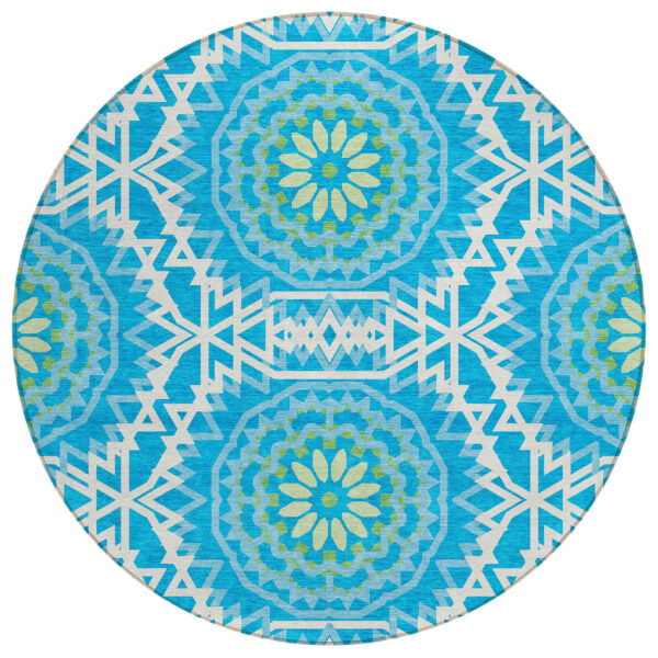 8' Ivory And Sky Blue Round Floral Medallion Washable Indoor Outdoor Area Rug