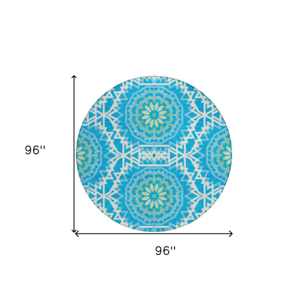 8' Ivory And Sky Blue Round Floral Medallion Washable Indoor Outdoor Area Rug