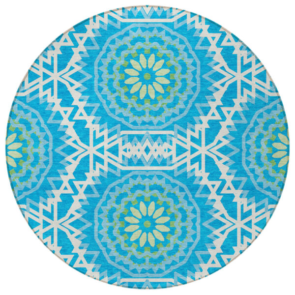 8' Ivory And Sky Blue Round Floral Medallion Washable Indoor Outdoor Area Rug