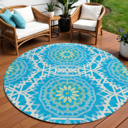8' Ivory And Sky Blue Round Floral Medallion Washable Indoor Outdoor Area Rug
