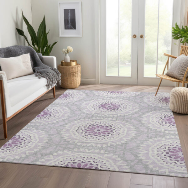 3' X 5' Lilac Purple And Ivory Floral Medallion Washable Indoor Outdoor Area Rug