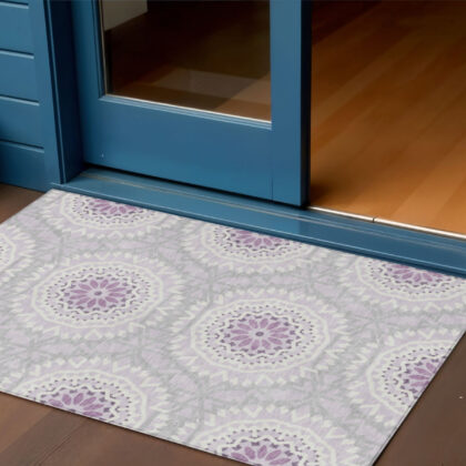 3' X 5' Lilac Purple And Ivory Floral Medallion Washable Indoor Outdoor Area Rug