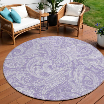 8' Lavender Purple And Ivory Round Paisley Washable Indoor Outdoor Area Rug