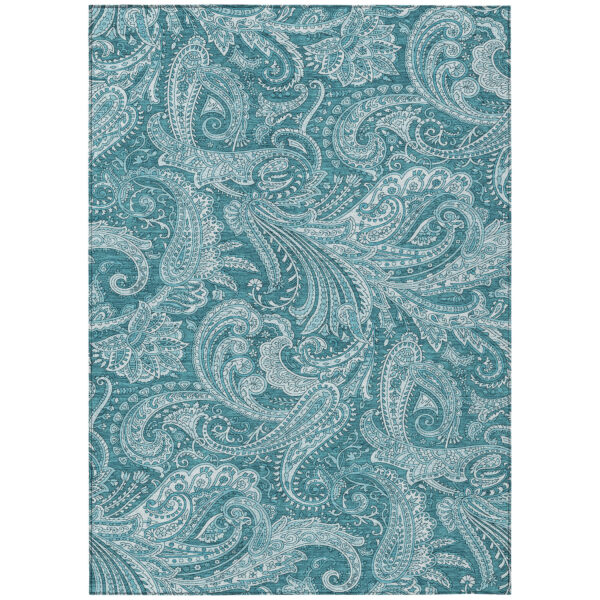 5' X 8' Turquoise And Ivory Paisley Washable Indoor Outdoor Area Rug