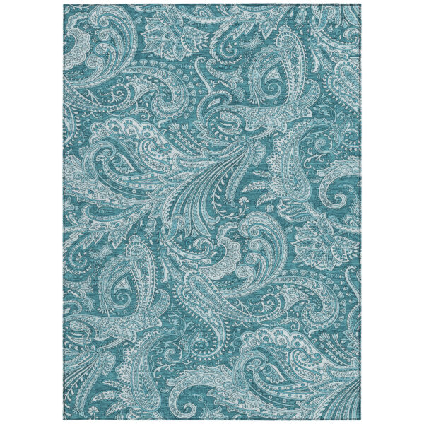 5' X 8' Turquoise And Ivory Paisley Washable Indoor Outdoor Area Rug