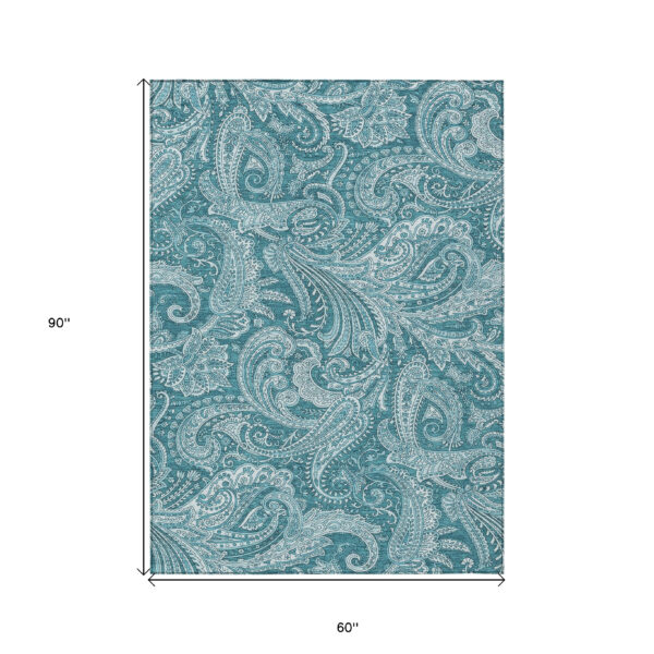 5' X 8' Turquoise And Ivory Paisley Washable Indoor Outdoor Area Rug