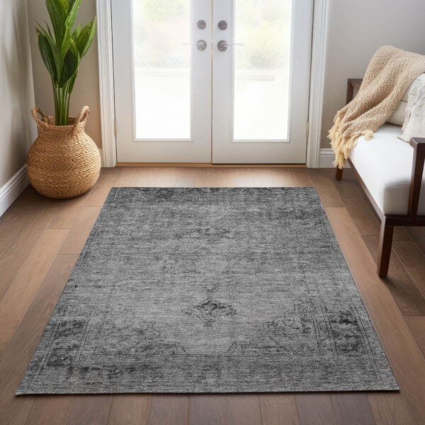 5' X 8' Gray Silver And Charcoal Oriental Washable Indoor Outdoor Area Rug