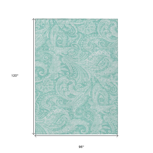 8' X 10' Teal Blue And Ivory Paisley Washable Indoor Outdoor Area Rug
