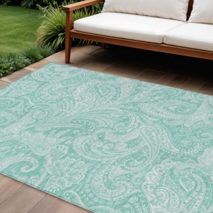 8' X 10' Teal Blue And Ivory Paisley Washable Indoor Outdoor Area Rug