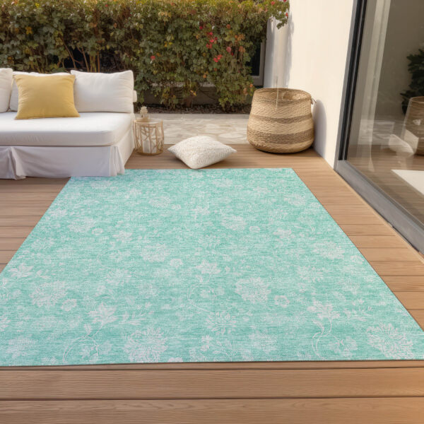 10' X 14' Aqua And Ivory Floral Washable Indoor Outdoor Area Rug