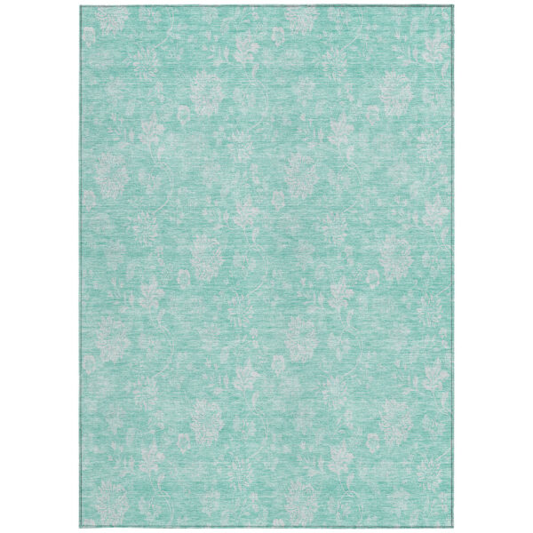 10' X 14' Aqua And Ivory Floral Washable Indoor Outdoor Area Rug