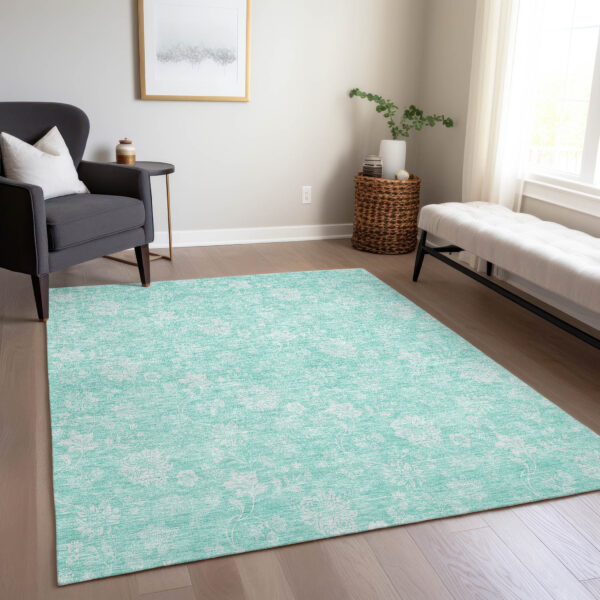 10' X 14' Aqua And Ivory Floral Washable Indoor Outdoor Area Rug