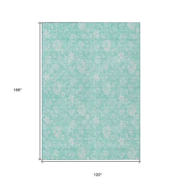 10' X 14' Aqua And Ivory Floral Washable Indoor Outdoor Area Rug