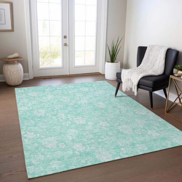 10' X 14' Aqua And Ivory Floral Washable Indoor Outdoor Area Rug