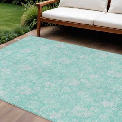 10' X 14' Aqua And Ivory Floral Washable Indoor Outdoor Area Rug