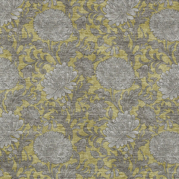 5' X 8' Gold Gray And Charcoal Floral Washable Indoor Outdoor Area Rug
