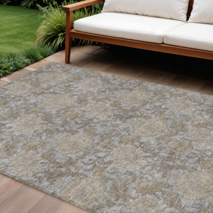 9' X 12' Gray Silver And Taupe Floral Washable Indoor Outdoor Area Rug
