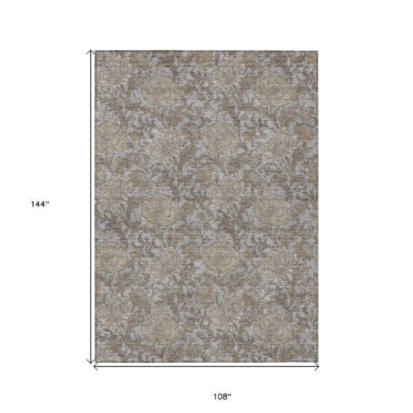 9' X 12' Gray Silver And Taupe Floral Washable Indoor Outdoor Area Rug