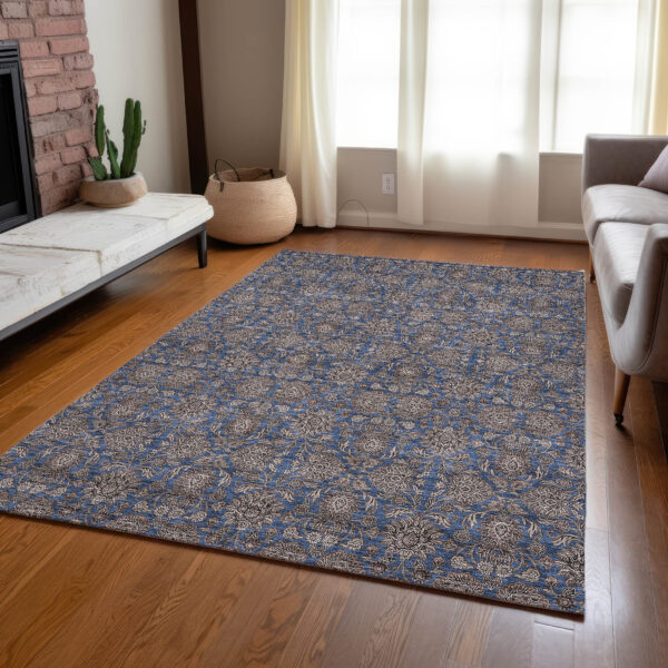 10' X 14' Navy Blue Beige And Taupe Floral Washable Indoor Outdoor Area Rug